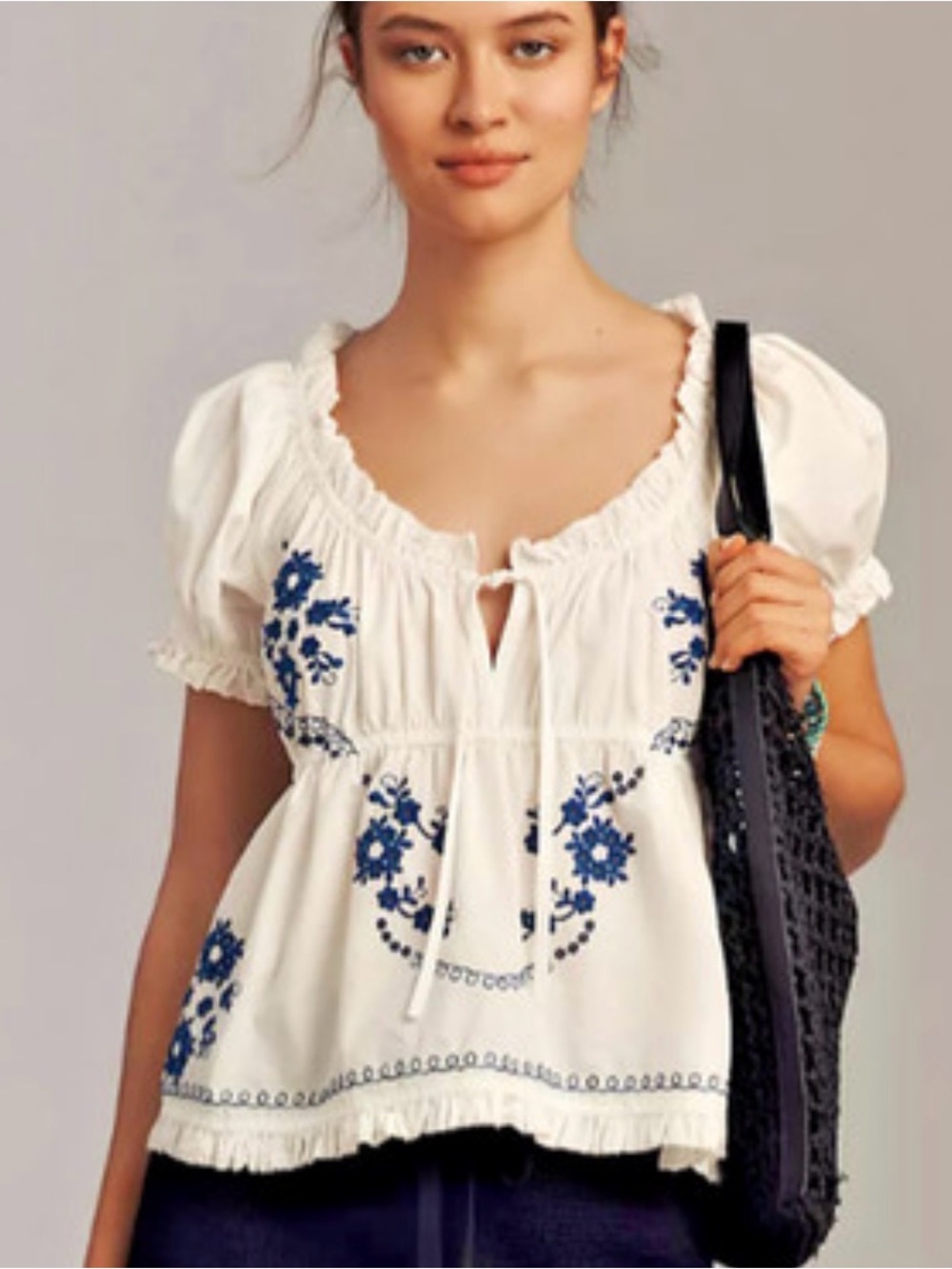 White Embroidered Peasant Top with Blue Floral Detailing